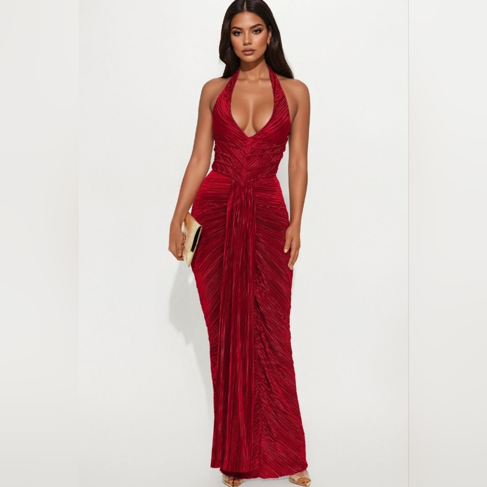 Striking Red Backless Rouched Halter Dress